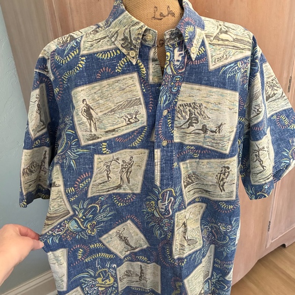 Reyn Spooner Vintage Hawaiian shirt Reverse Print postcard blue popover surf L - Picture 12 of 16